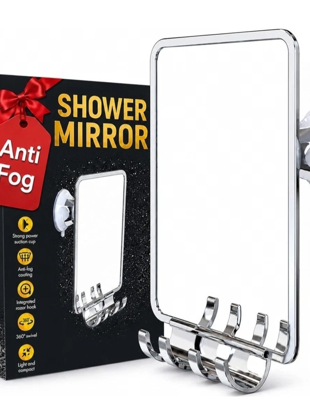 Luxo Anti-Fog Shower Mirror with Razor Hook – Silver Chrome